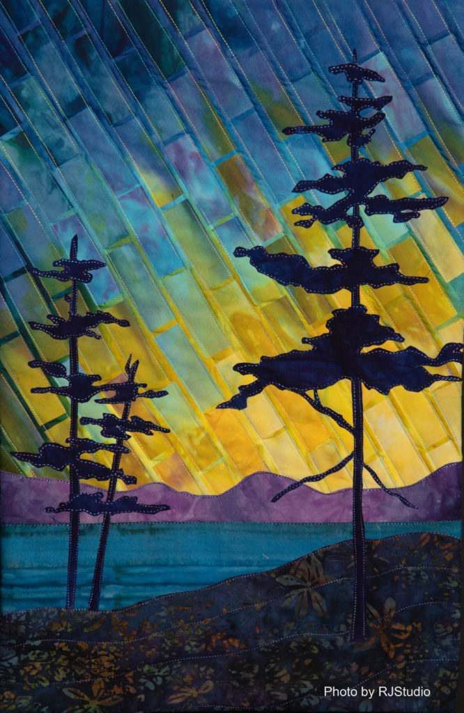 A painting of a lake with trees in the foreground