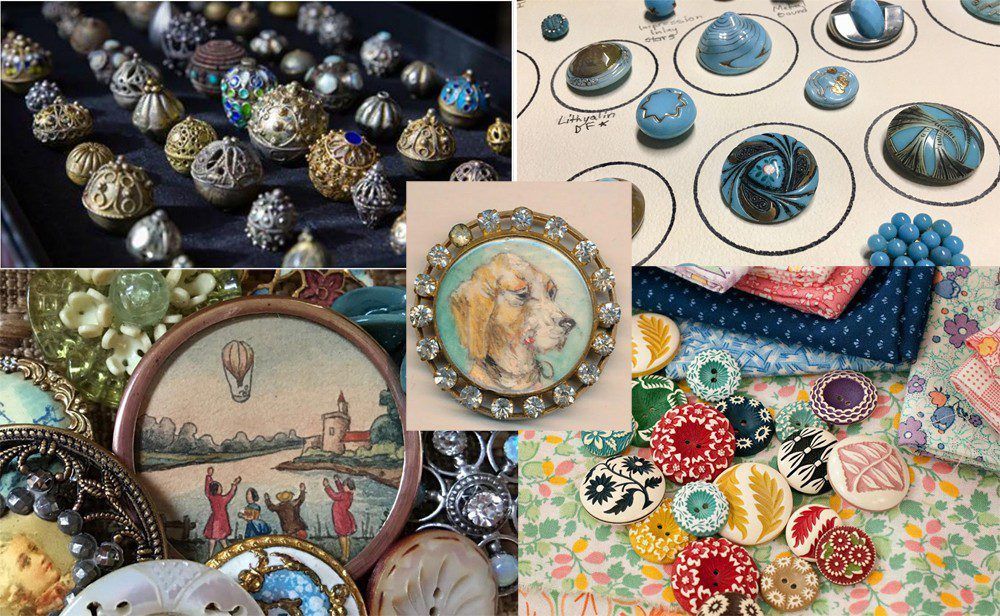 A collage of different types of buttons and beads