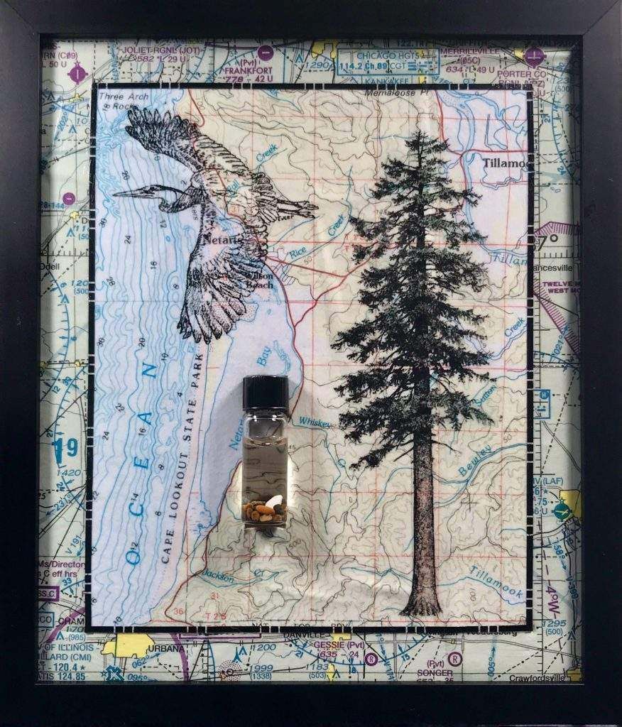 A picture of a map with a tree and a bottle on it.