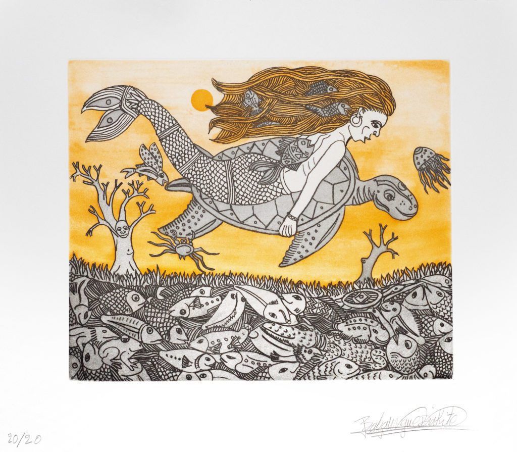A drawing of a woman riding on the back of a turtle