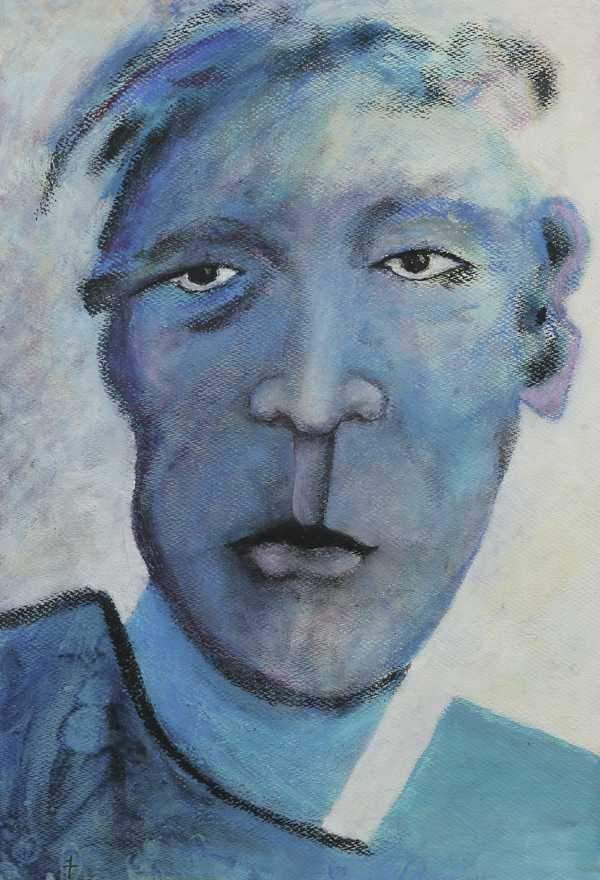 A close up of a painting of a man 's face with blue hair.