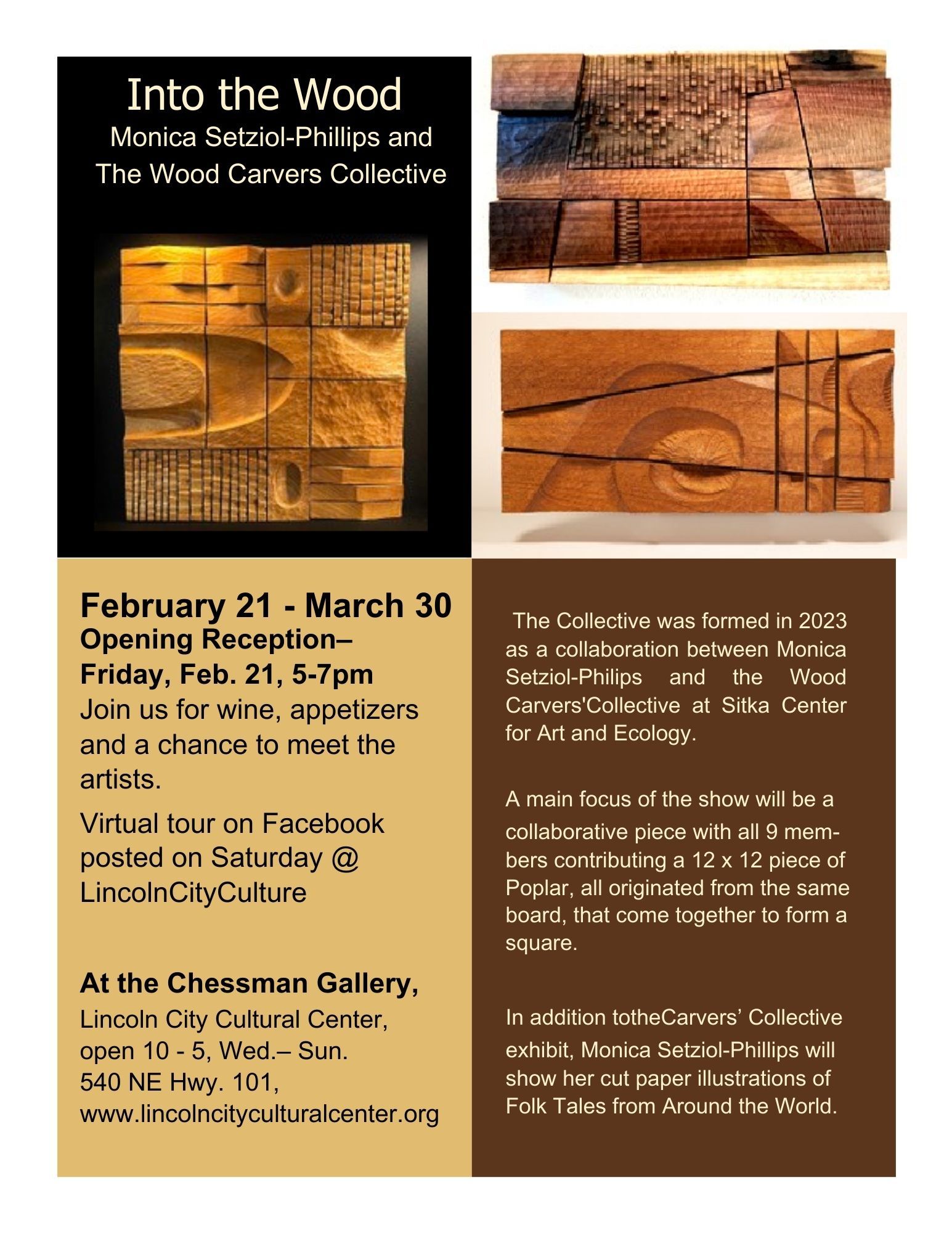 A poster for into the wood shows a variety of wood carvings
