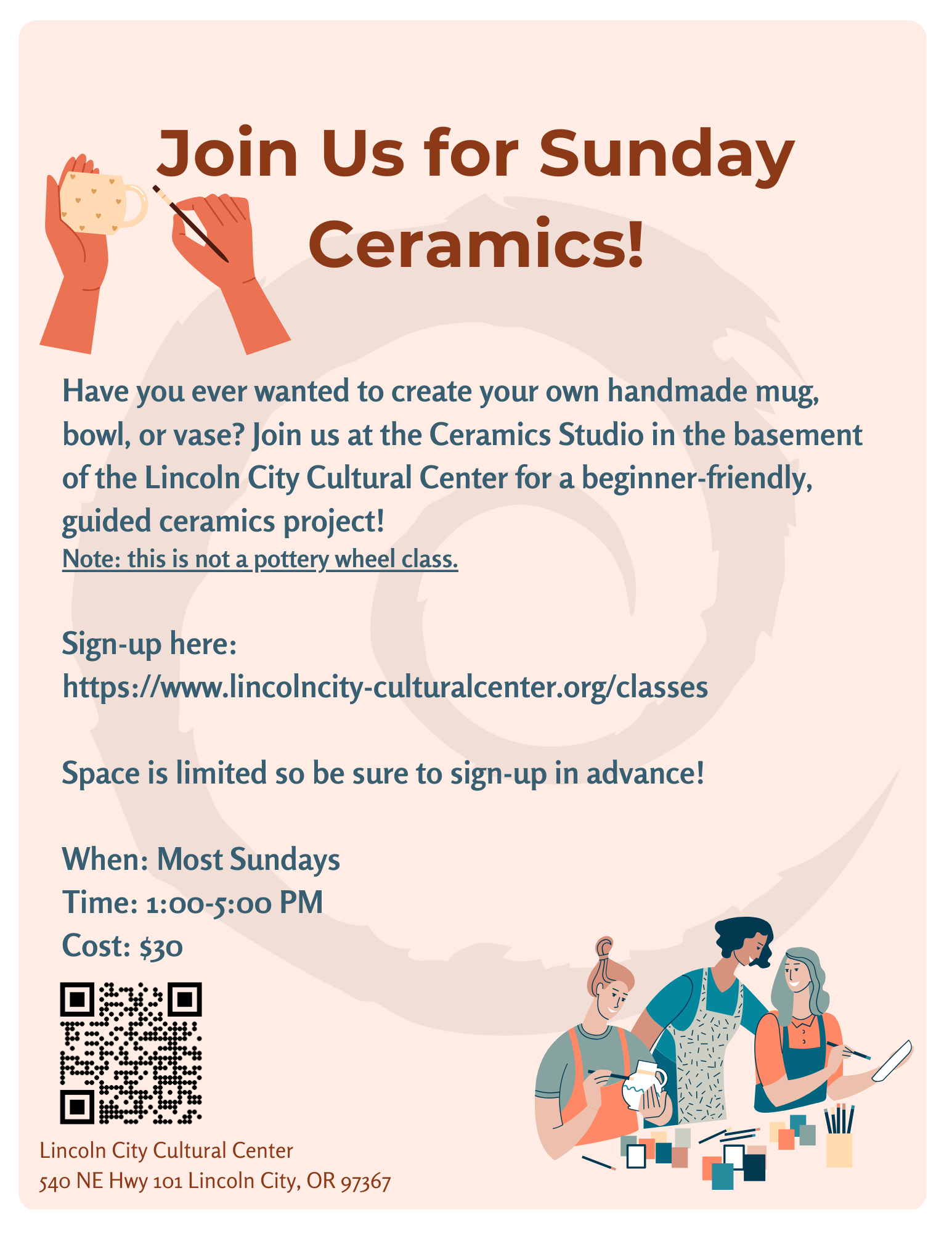 A poster asking people to join us for sunday ceramics.
