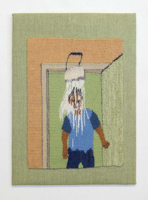 A painting of a man taking a shower in a bathroom