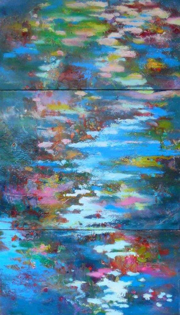 A colorful painting of a river with trees reflected in it