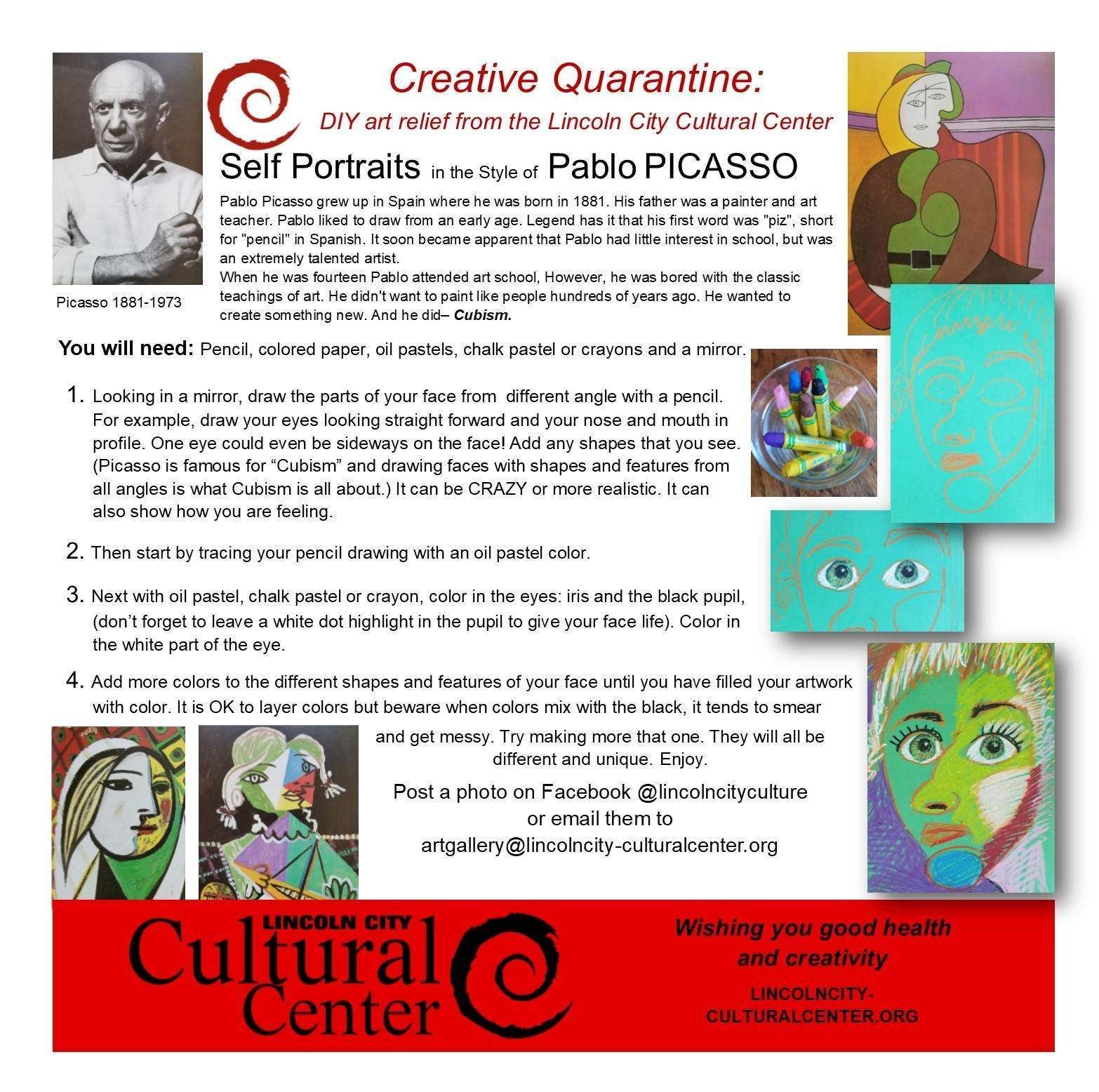 A poster for a creative quarantine called self portraits by pablo picasso