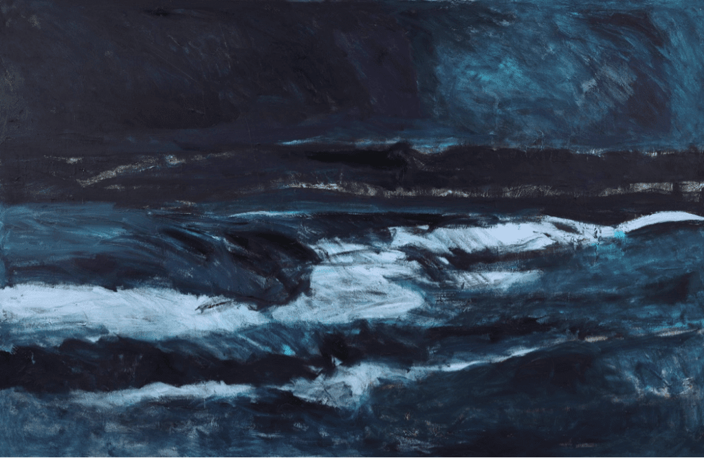 A painting of a dark blue ocean with waves