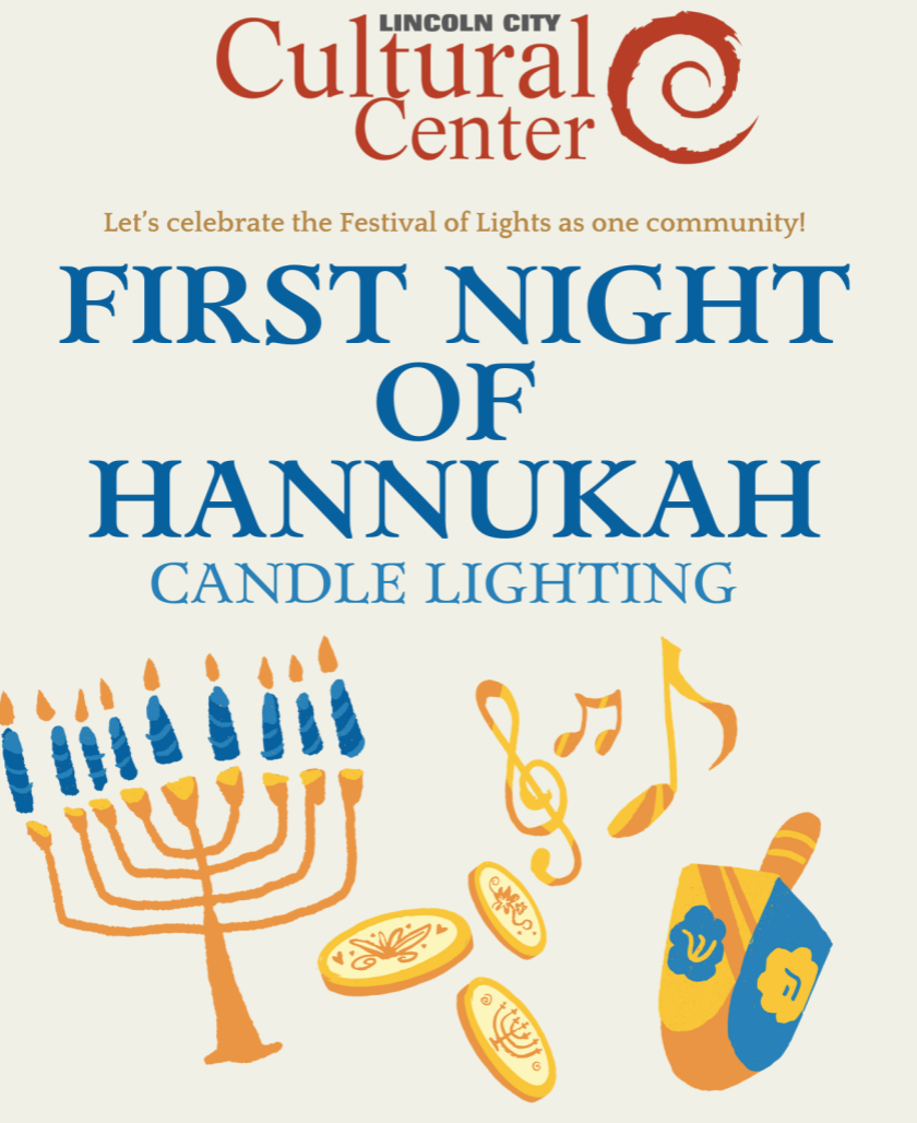 A poster for the first night of hanukkah candle lighting