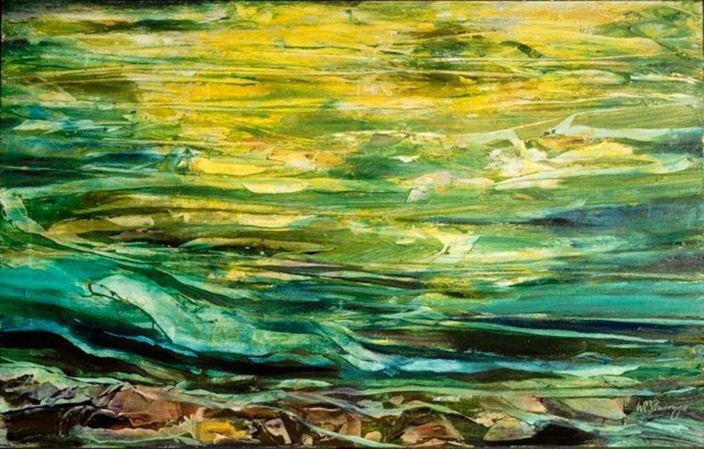 A colorful painting of a body of water with rocks in the foreground.