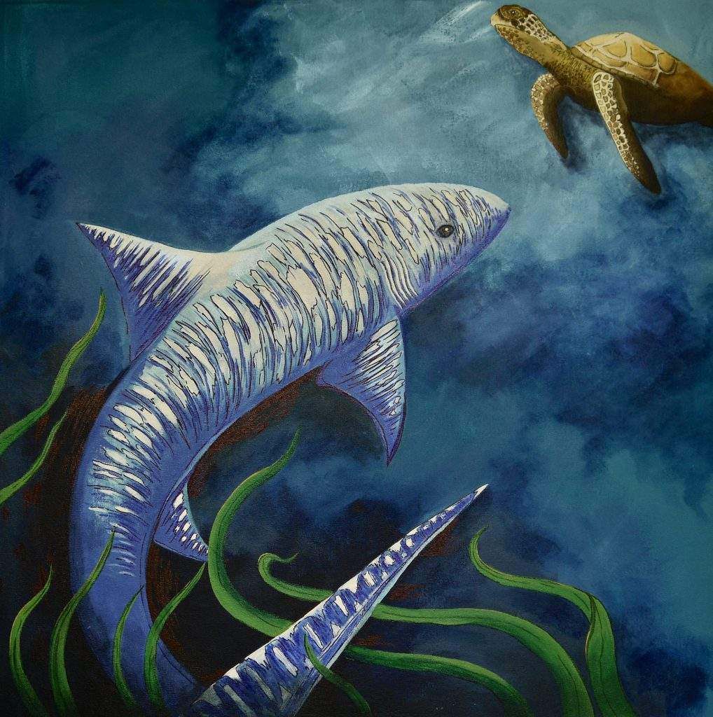 A painting of a dolphin and a sea turtle in the ocean