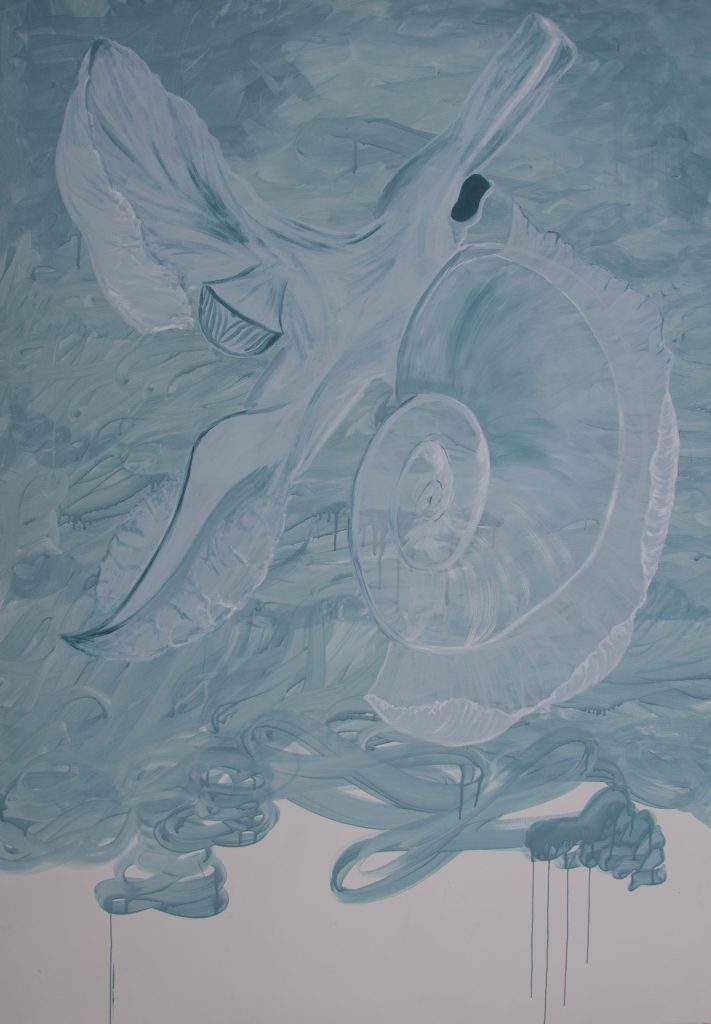 A close up of a painting of a bird on a blue background.