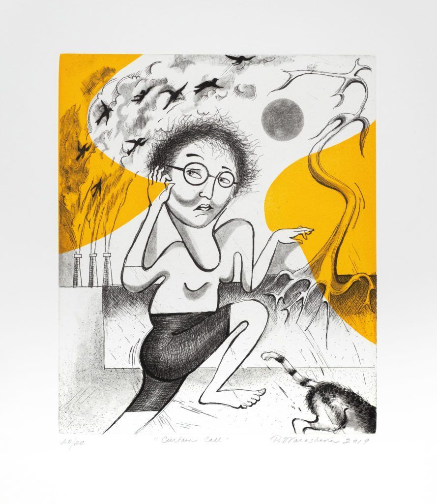A black and white drawing of a woman with glasses on a yellow background