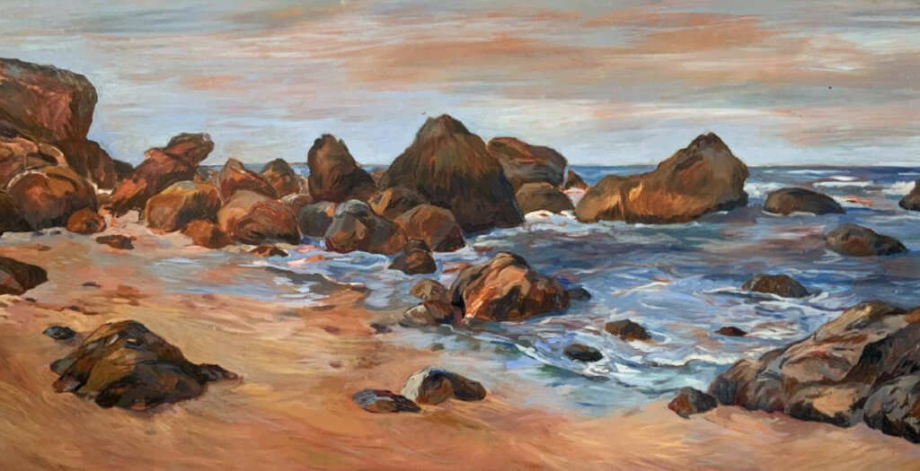 A painting of a beach with rocks and waves