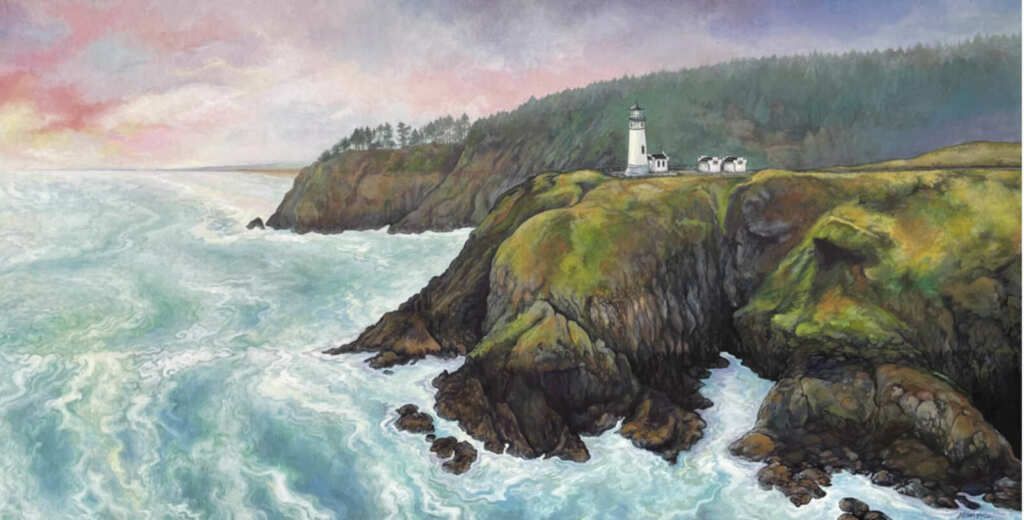 A painting of a lighthouse on a cliff overlooking the ocean.