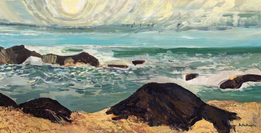 A painting of a beach with rocks and waves