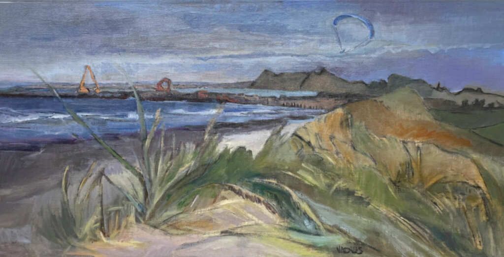 A painting of a beach with a kite flying over the water.