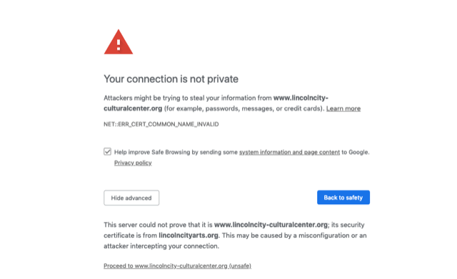 A computer screen shows a warning that your connection is not private.
