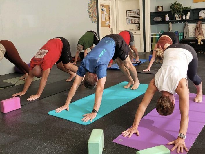 A group of people are doing yoga in a gym
