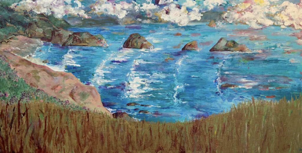 A painting of a large body of water surrounded by rocks and grass.