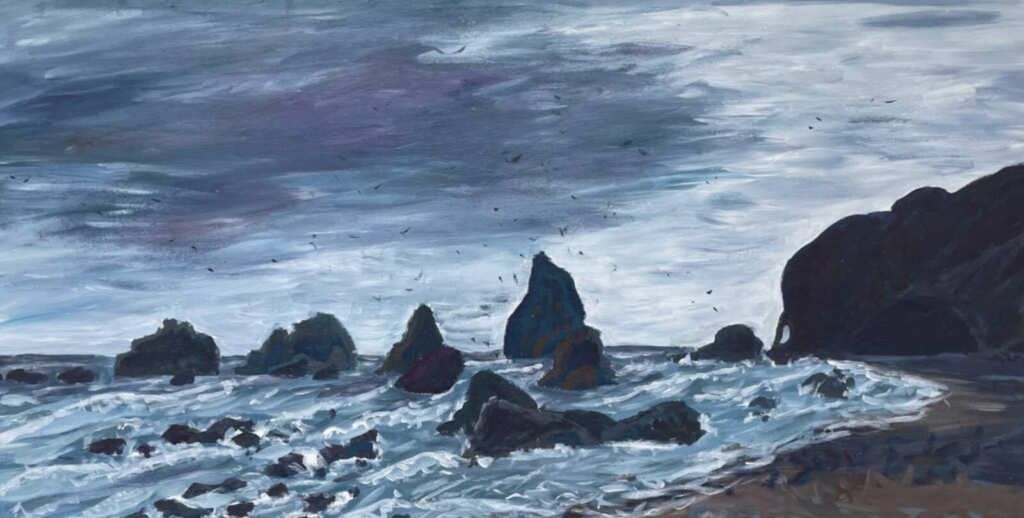 A painting of a rocky beach with waves crashing against the rocks.