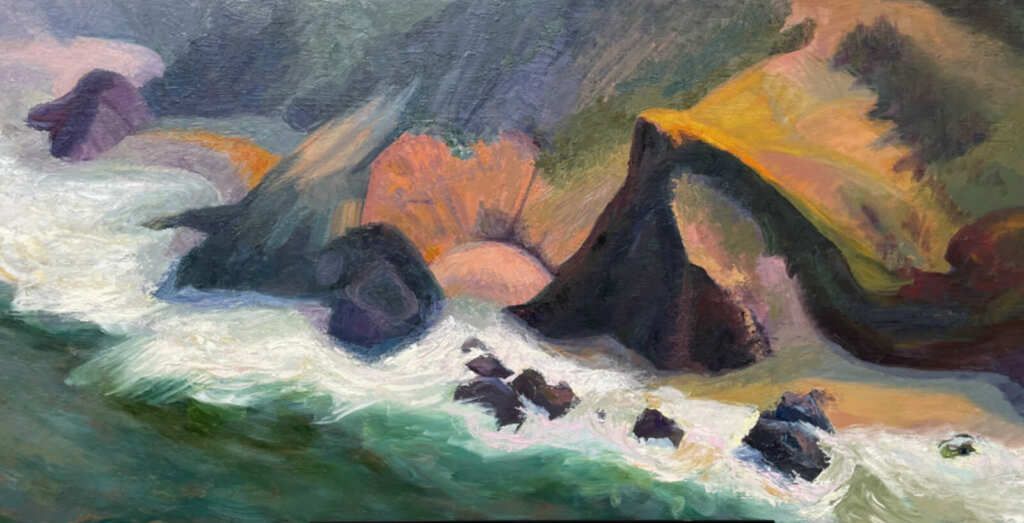 A painting of a rocky shoreline with waves crashing on the rocks.