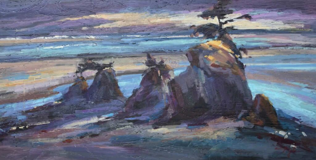 It is a painting of a landscape with mountains and trees.