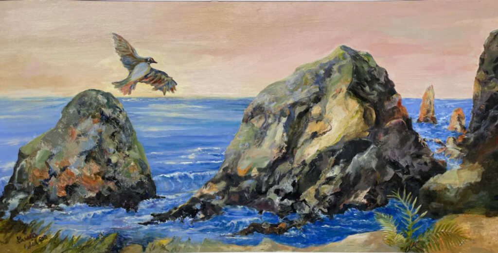 A painting of two birds flying over a rocky shoreline near the ocean.