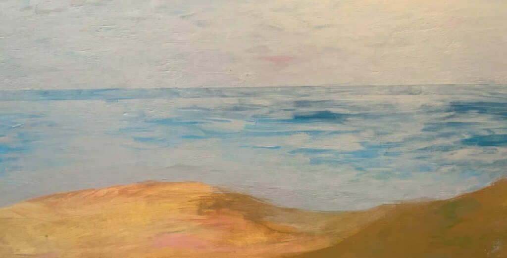 A painting of a beach with a mountain in the foreground and the ocean in the background.