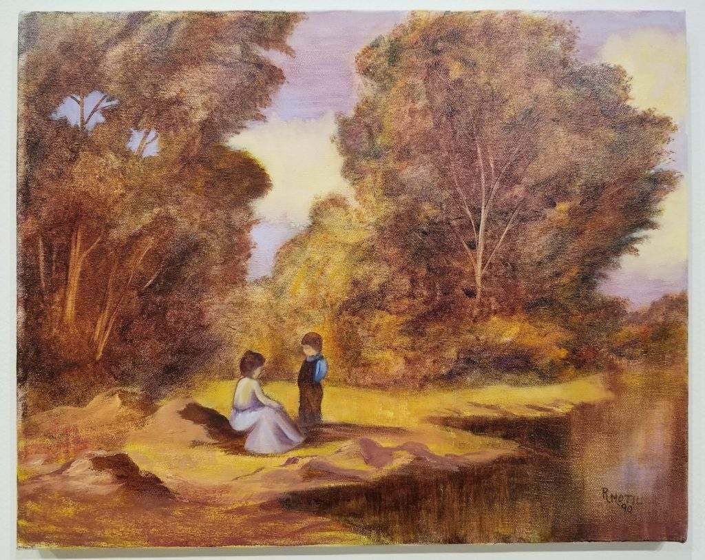 A painting of a woman and a boy sitting on a rock near a river.