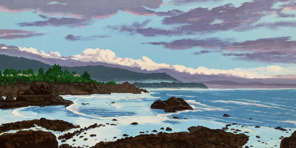 A painting of a beach with rocks and mountains in the background
