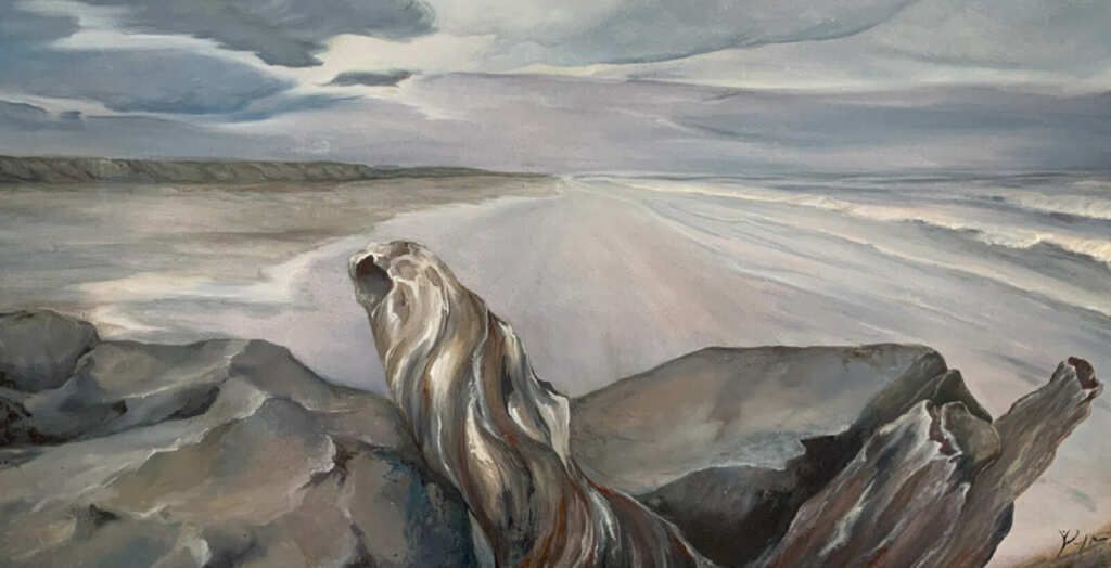 A painting of a tree stump on the beach.