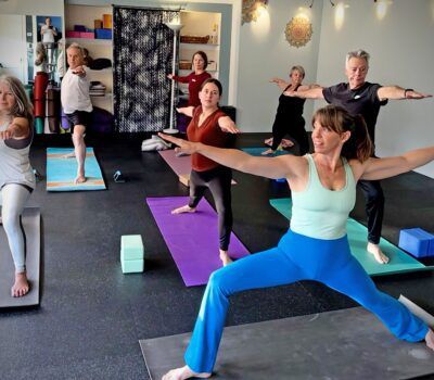 A group of people are doing yoga in a gym