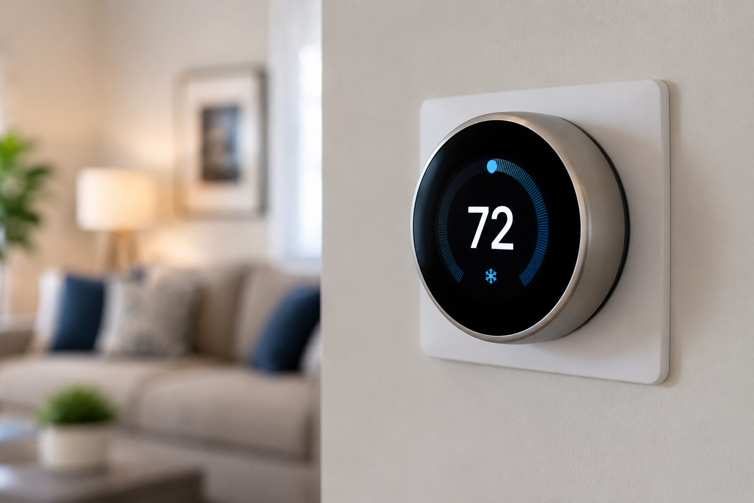 Smart thermostat displaying 72°F on a wall, with a blurred living room in the background