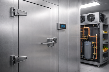 Sterile industrial room with metal doors and a control panel beside a cooling unit with exposed pipes.