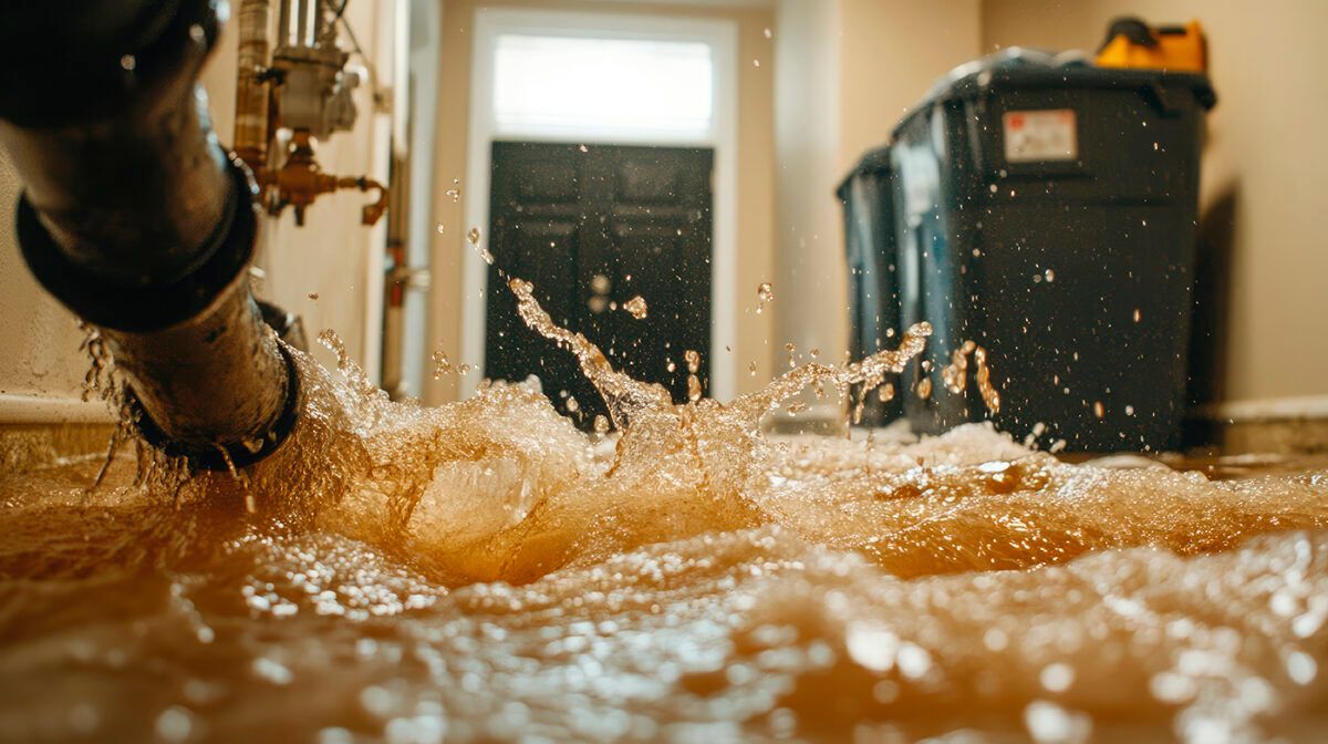 A pipe is leaking water into a flooded basement.