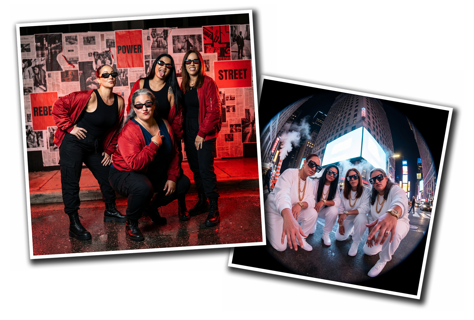 Two themed AI group portraits, one in red and black outfits and one in white outfits, shown as event artwork.