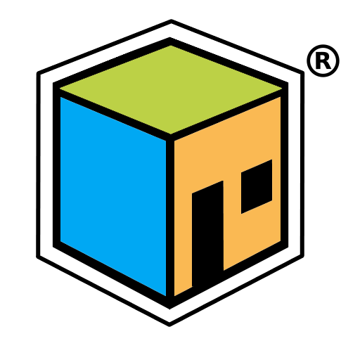 Un'icona colorata a forma di cubo con lati blu, arancioni e verdi, una porta e una finestra nere e un esagono bianco al centro.