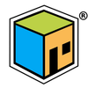 Un'icona colorata a forma di cubo con lati blu, arancioni e verdi, una porta e una finestra nere e un esagono bianco al centro.