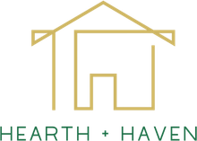 Gold line drawing of a house with the words 
