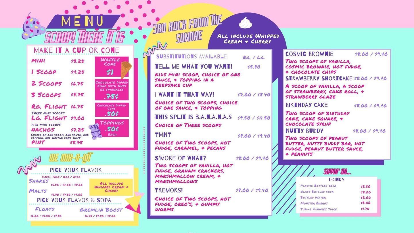 An ice cream shop menu in a colorful, 90s-style aesthetic featuring pricing for scoops, sundaes, shakes, and floats.