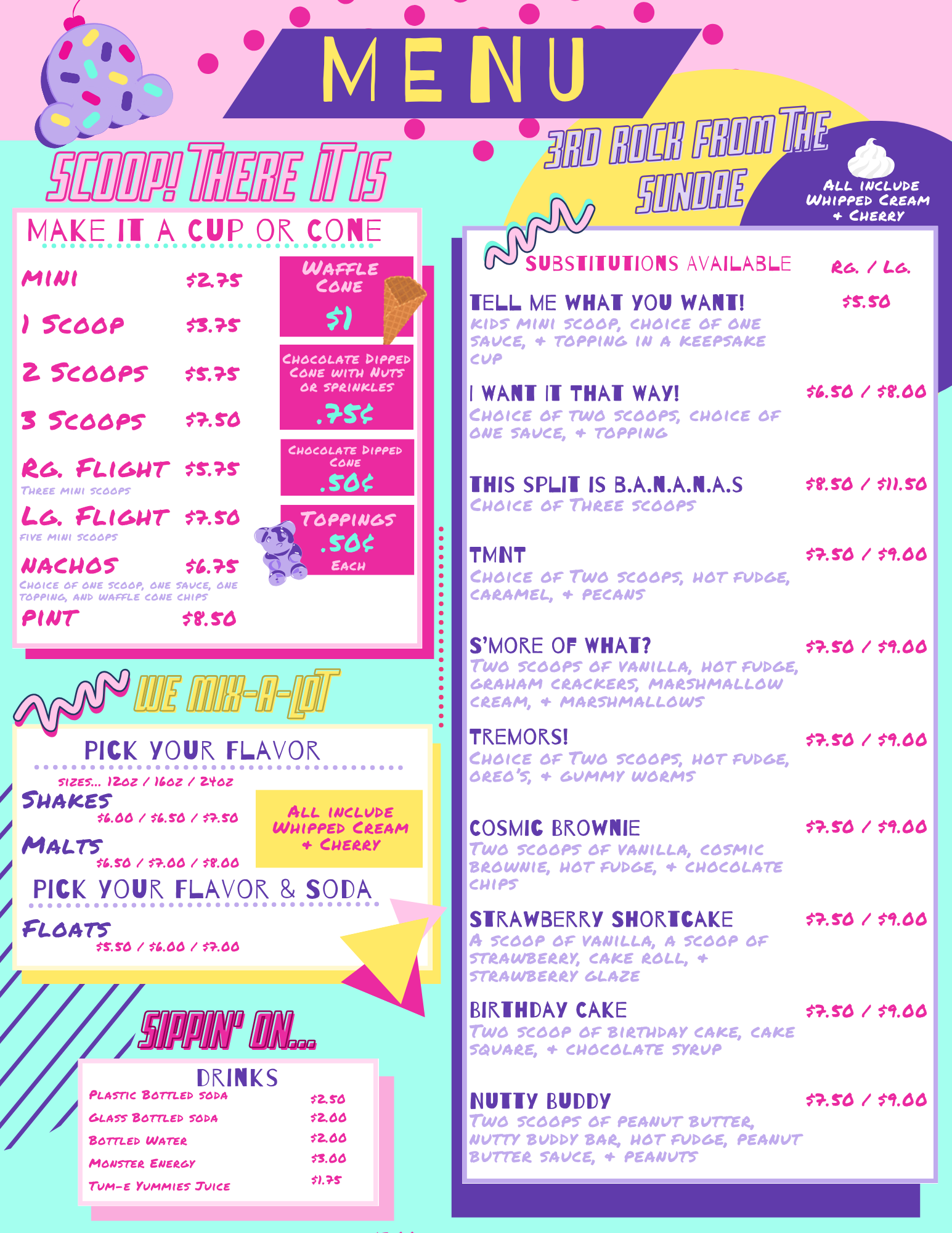 A menu for a ice cream shop shows a variety of ice cream flavors.