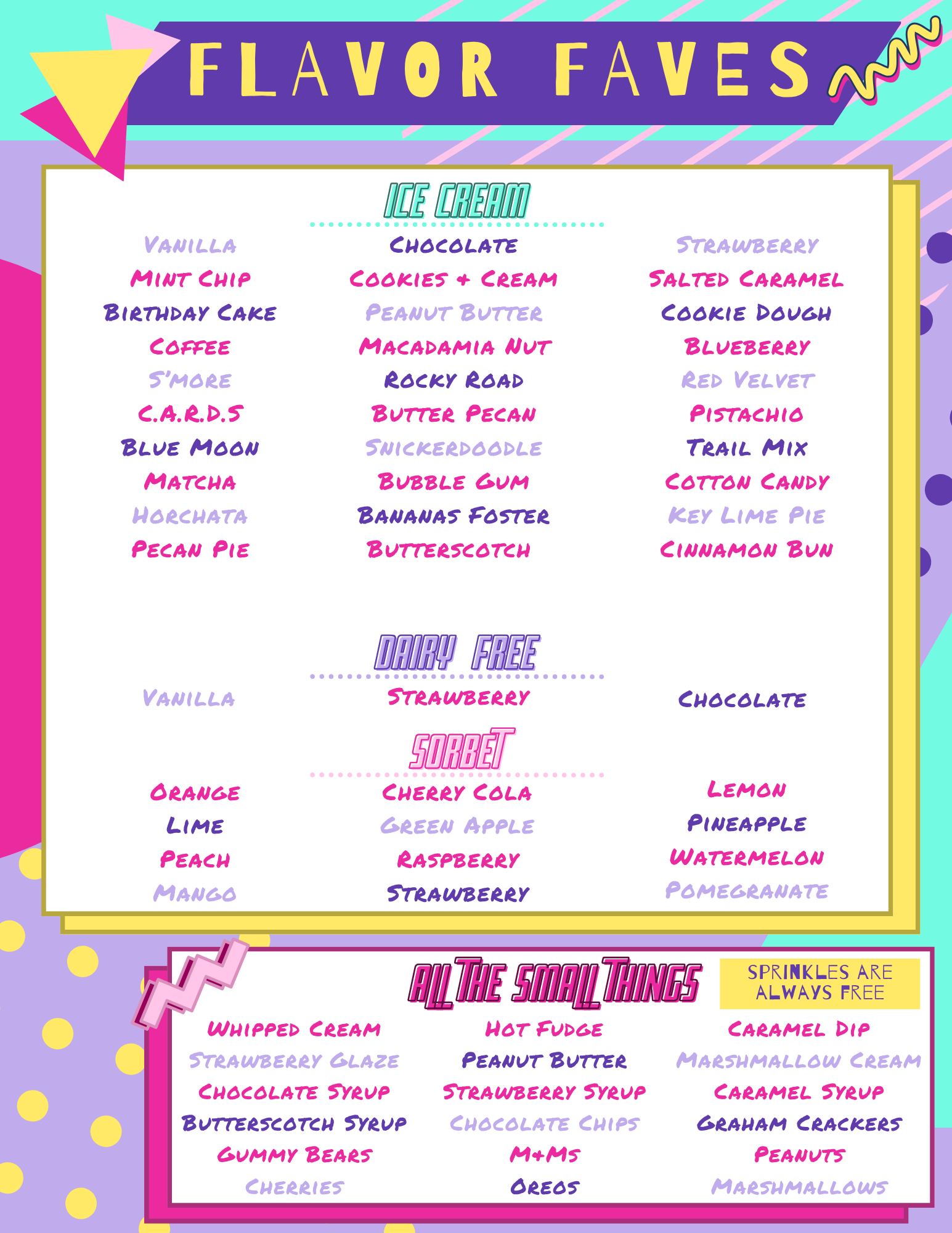 A menu for flavor faves shows a variety of desserts