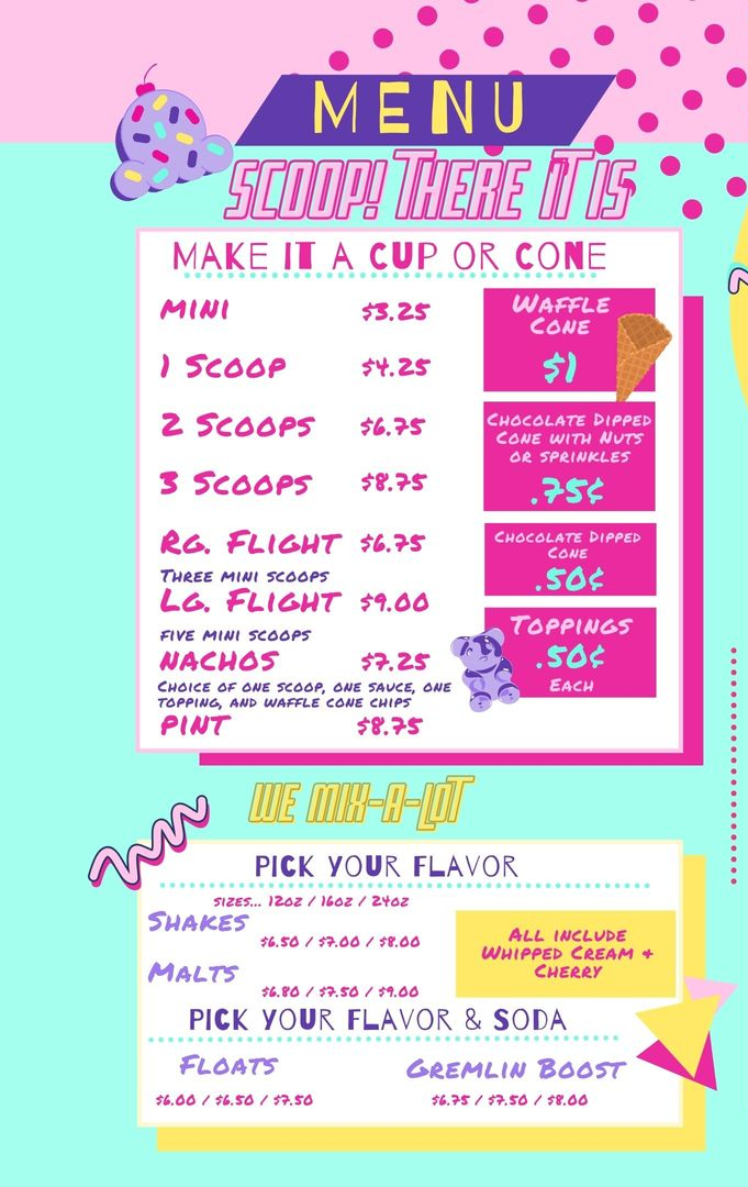 A menu for a ice cream shop shows a variety of ice cream flavors.