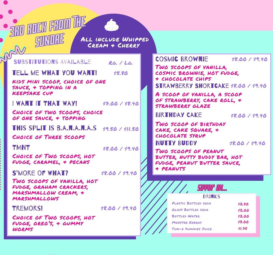 A menu for a ice cream shop shows a variety of ice cream flavors.