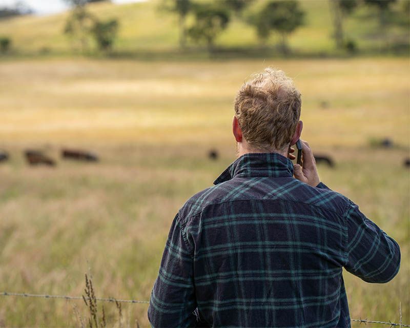 Person in a plaid shirt standing in a grassy field, talking on a phone with open hills in the background