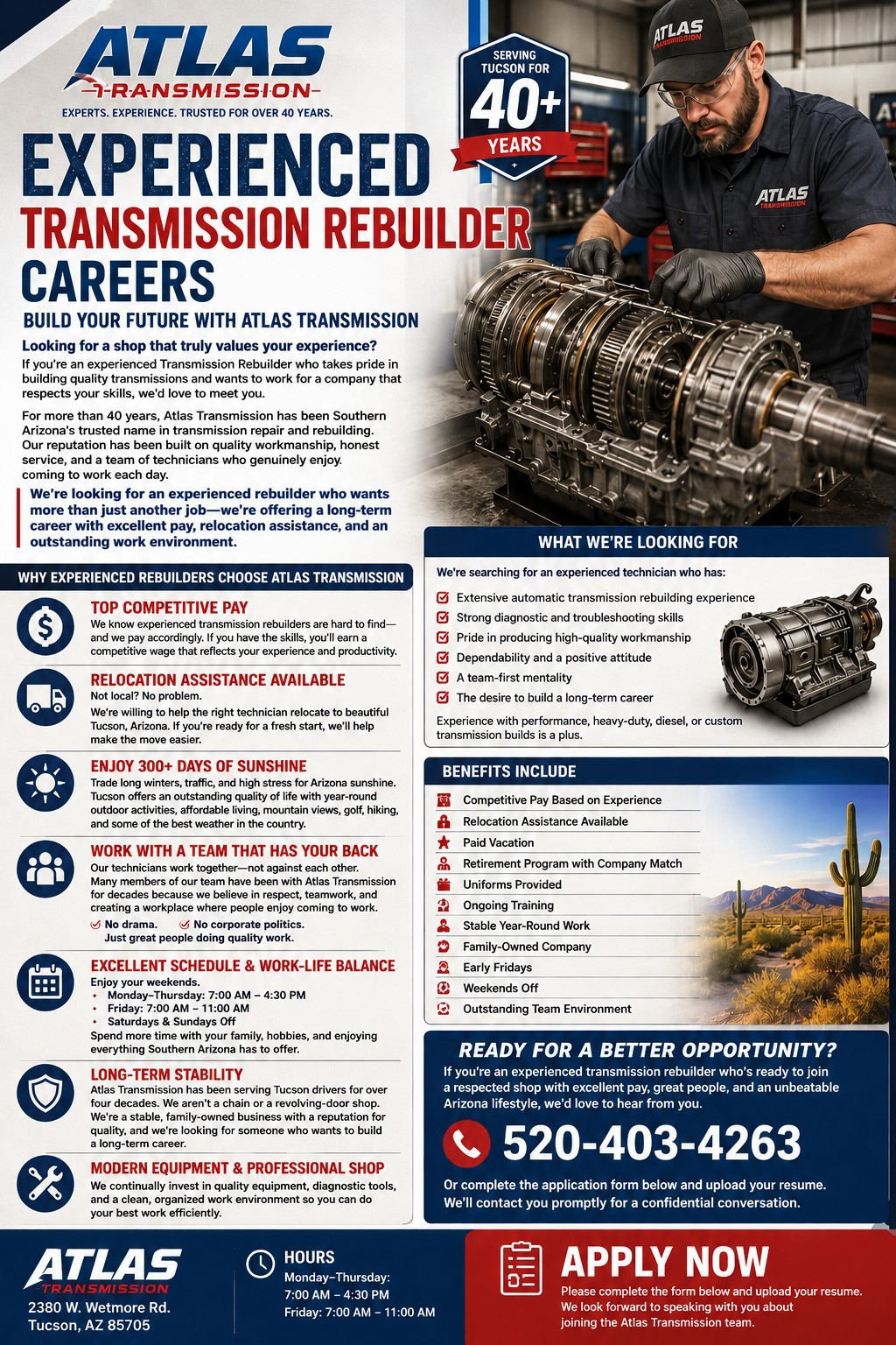 Atlas Transmission Services careers flyer with mechanic inspecting a transmission, blue and red layout, phone number