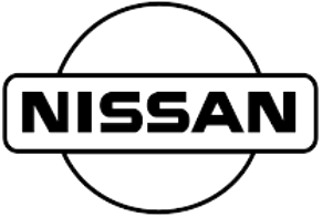 A black and white nissan logo on a white background.