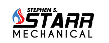 Logo for Stephen S. Starr Mechanical; name in bold black font, with a blue and red flame graphic.
