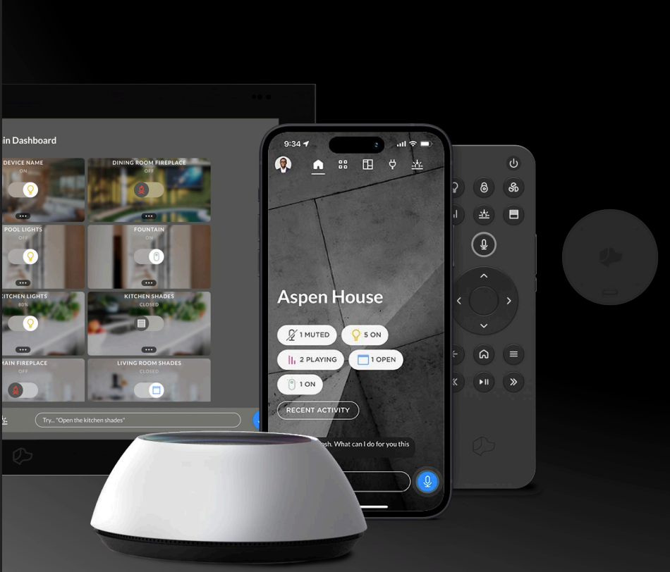 A smart home ecosystem featuring a tablet interface, smartphone app, remote control, and a white hub device on a dark background.