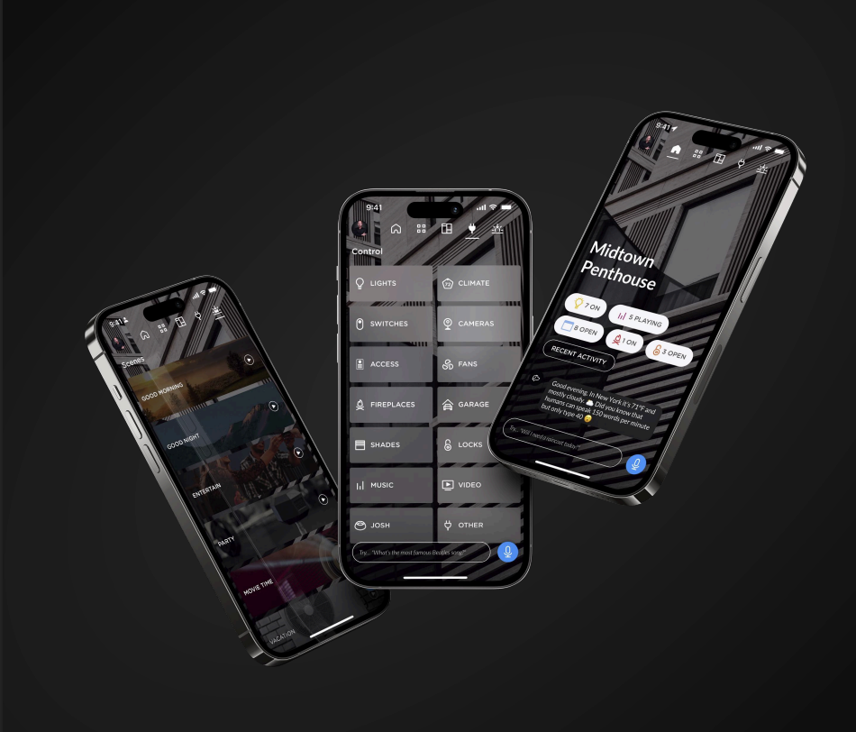 Three smartphones angled against a black background, showcasing an interface with dark mode menus and architectural photos.